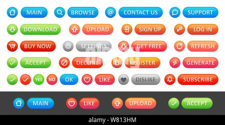 Un set di vettore colorati round icone e pulsanti per un negozio internet e mobile app. Web design per il business menu del sito su bianco e di colore nero. Illustrazione Vettoriale