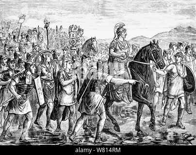 Julius Caesar attraversando il fiume Rubicone, a sud di Ravenna nel Nord Italia, un evento che ha fatto precipitare il grande romano guerra civile, e ha portato a Cesare diventando dittatore e il successivo aumento di epoca imperiale di Roma. Cesare era stato nominato ad un governatorato dal sud della Gallia per Illyricum. Quando il suo termine si è conclusa, il senato romano Cesare ordinato per tornare a Roma e di non portare il suo esercito attraverso il Rubicone, il confine settentrionale dell'Italia. Nel 49 A.C., Cesare e la tredicesima legione attraversato il riverr. Oggi, "attraversando il Rubicone' è una metafora che significa passare a un punto di non ritorno. Foto Stock