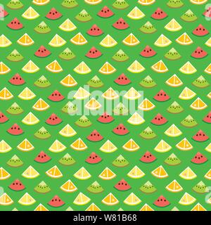 Carta da parati senza giunture pattern con fette di frutta di kiwi, anguria, arancio e limone su sfondo verde. Cibo sano illustrazione vettoriale. Illustrazione Vettoriale