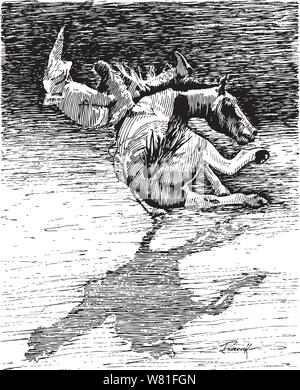 Rodeo coraggioso cavaliere a cavallo di una gamba di calci wild bronc cavallo su un solo cavallo silloette Illustrazione Vettoriale