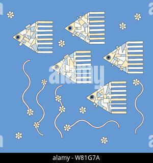 Pesci disegnati a mano illustrazione vettoriale. Geometrica astratta animali del mare sullo sfondo. Pesce subacquea stampa in stile moderno. Illustrazione Vettoriale