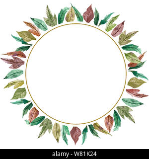 La stagione autunnale acquerello telaio circolare. Disegnato a mano bordo del cerchio. Illustrazione colorata di verde, giallo, rosso foglie. Foto Stock