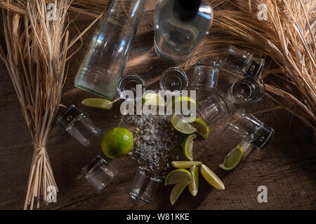 Bicchieri vuoti, due shot di tequila, verde fette di limone e il sale sparse intorno al tavolo - Vista Superiore
