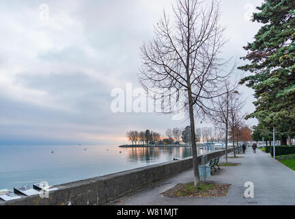 Tranquilla bella passerella naturale e la passeggiata lungo il lago sul lago di Ginevra e sullo sfondo di un nebbioso e nuvoloso e al crepuscolo cielo sopra acqua in inverno. Foto Stock