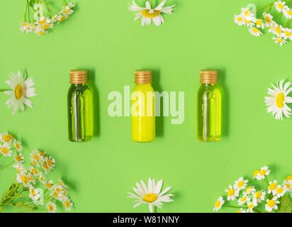 Piatto di laici piccolo mockup bottiglie con spa prodotti cosmetici su sfondo verde con freschi Fiori di camomilla. Le donne di bellezza e un salone di bellezza cosmetici Foto Stock