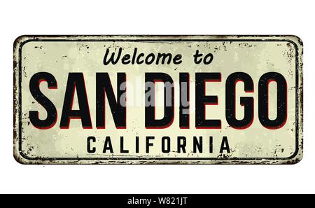 Benvenuto a San Diego vintage metallo arrugginito segno su uno sfondo bianco, illustrazione vettoriale Illustrazione Vettoriale