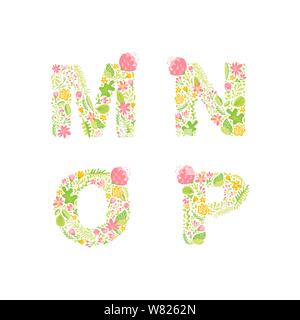 Monogrammi o logo floreali in maiuscolo con disegno a mano vettoriale. Lettere maiuscole M, N, o, P con fiori e rami fioritura. Design floreale Illustrazione Vettoriale