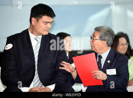 --FILE--pensionato cinese superstar di basket Yao Ming, sinistra, assiste al kick-off cerimonia per le Olimpiadi Speciali Hong Kong quarantesimo anniversario in H Foto Stock