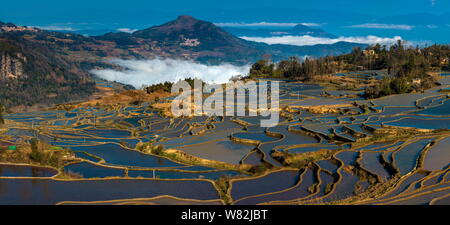 Paesaggio di campi di riso terrazzati del Honghe Hani terrazze di riso, uno dei siti del Patrimonio Mondiale dell'UNESCO, in Yuanyang county, Honghe Hani e Yi Aut Foto Stock
