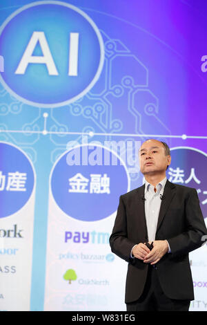 Tokyo, Giappone. Il 7 agosto 2019. Gruppo di SoftBank fondatore e CEO Masayoshi figlio annuncia risultati finanziari della società per l'anno fiscale conclusosi il 30 giugno a Tokyo in Giappone il 7 agosto 2019. Credito: Naoki Morita/AFLO/Alamy Live News Foto Stock