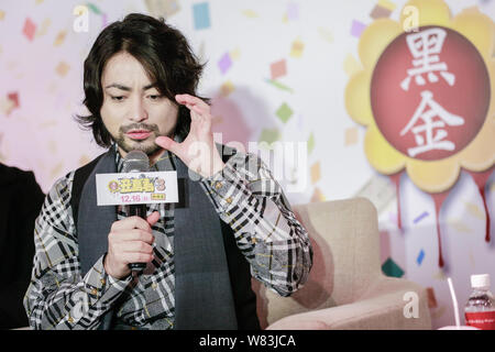 --TAIWAN fuori--attore Giapponese Takayuki Yamada assiste la conferenza stampa per la live action film 'Ushijima prestito Shark Stagione 3' a Taipei, Taiwan Foto Stock