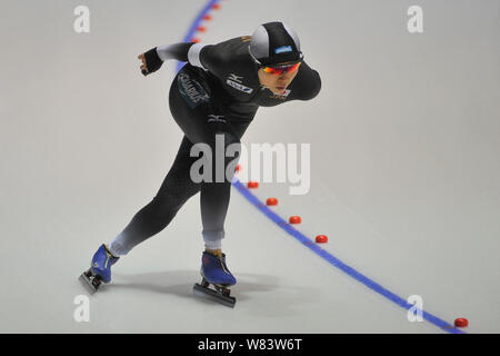 Skater giapponese Miho Takagi compete durante le donne del 3000-metro divisione un match dell'ISU di Coppa del mondo di pattinaggio di velocità la concorrenza nella città di Harbin, né Foto Stock
