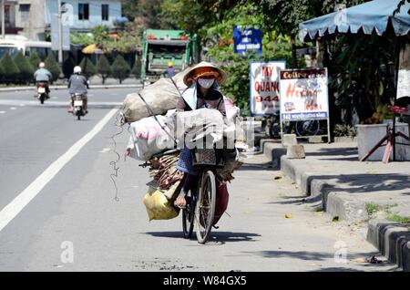 Contadino vietnamita passeggiate sul suo pesantemente caricato bike sulla strada Mandarine Foto Stock