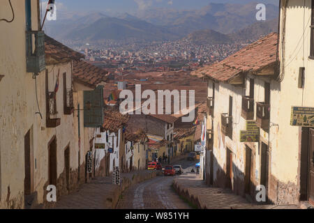 Le strade in ciottoli nel Patrimonio Mondiale UNESCO Città di Cusco, Perù Foto Stock