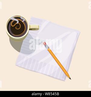 Tazza di caffè fumante e un tovagliolo e matita seduti su un asse di legno tabella Illustrazione Vettoriale