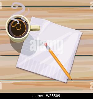 Tazza di caffè fumante e un tovagliolo e matita seduti su un asse di legno tabella Illustrazione Vettoriale