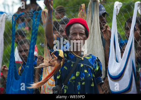 Signora nel mercato con Raggiana maschio uccello del paradiso (Paradisaea raggiana) per vendita, Mount Hagen, Papua Nuova Guinea, Agosto 2011 Foto Stock