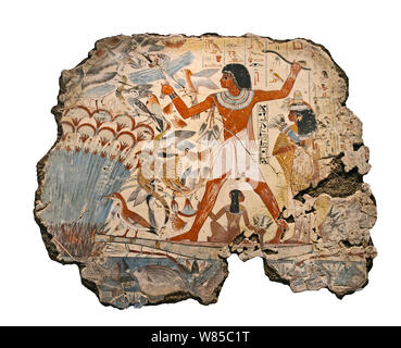 Pittura dalla tomba cappella di Nebanum, Tebe, Egitto. Fine del XVIII dinastia, intorno al 1350 A.C. Nebamun è mostrata la caccia degli uccelli, in una piccola barca con sua moglie Hatshepsut e la loro giovane figlia, nelle paludi del Nilo. Foto Stock