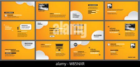 La presentazione e la slitta modello di impaginazione. Design arancione e le nuvole in stile carta sfondo. Utilizzare per attività relazione annuale, keynote, flyer, marketing Illustrazione Vettoriale