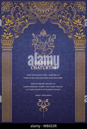 Felice Ganesh chaturthi design con golden line Ganesha e pilastro elegante arco su sfondo blu Illustrazione Vettoriale