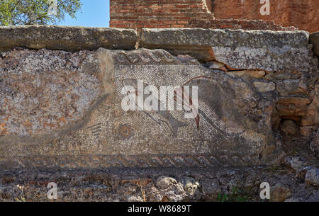 Dettaglio del pesce progettato mosaici romani nella piscina di balneazione presso il Tempio di acqua delle rovine di Milreu nella città di Estoi in Portogallo. Foto Stock