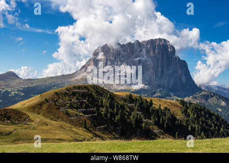 Ottima vista sul Sassolungo - Gruppo del Sasso Lungo, valle Gardena. Parco Nazionale Dolomiti Alto Adige Südtirol. Località di Ortisei, Santa Cristina e Selva di Val Gardena Foto Stock