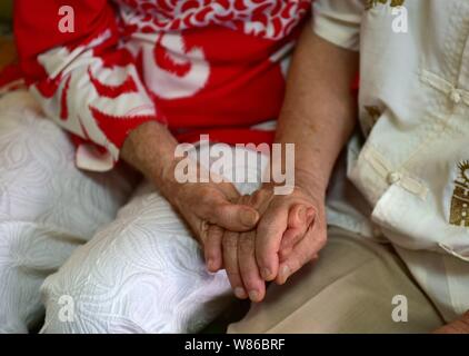 Maria Previte dagli Stati Uniti, a sinistra, e Wang Chenghan che hanno salvato la sua 71 anni fa parlare la mano nella mano come essi si riuniscono a Wang home di Guiyang Foto Stock