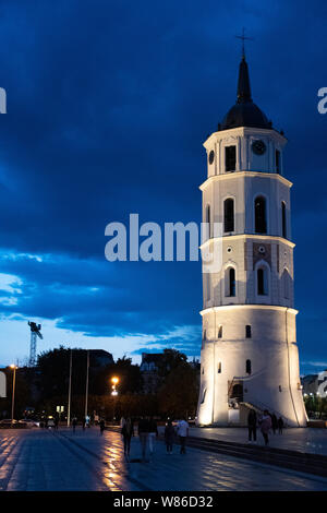 Vilnius, Lituania. Il punto di vista della Piazza del Duomo con il campanile e la Basilica Cattedrale di San Stanislao e San Vladislav in estate di notte Foto Stock