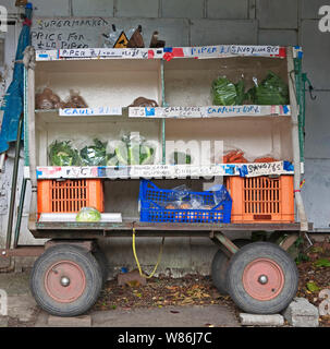 Coltivati localmente la frutta e la verdura in Guernsey essendo venduto da "onestà box' si spegne al lato della strada Foto Stock