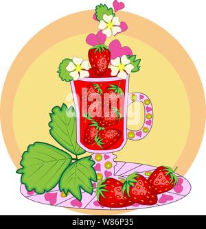 Cocktail di fragole. Cocktail cotti con amore. Un bicchiere con le fragole e decorate con foglie e fiori Illustrazione Vettoriale