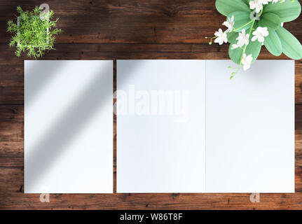 Vista dall'alto di un aperto e chiuso portafoglio brochure con le piante su una tavola di legno. 3D rendering mockup Foto Stock