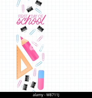Si torna a scuola vendita banner, poster sfondo. Posto per testo, matite multicolore e altre forniture scolastiche sul foglio di notebook. Layout per lo sconto Illustrazione Vettoriale