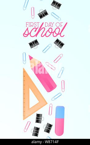 Si torna a scuola vendita banner, poster sfondo. Posto per testo, matite multicolore e altre forniture scolastiche sul foglio di notebook. Layout per lo sconto Illustrazione Vettoriale