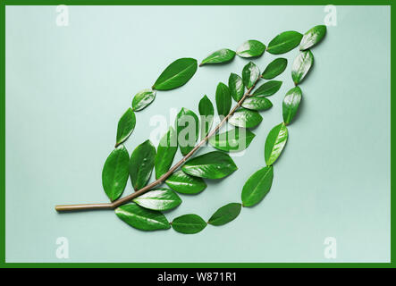 Layout creativi. Ecologia logo. Organici di foglia verde fatto di foglie. Lay piatto. Eco Friendly del pianeta e per uno sviluppo sostenibile per l'ambiente concetto. Pensare verde, mangiare Foto Stock
