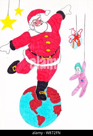 Illustrazione colorata in tinte pastello e marcatori e acquerelli di Babbo Natale Foto Stock