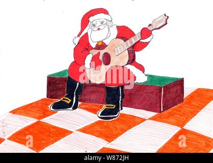 Illustrazione colorata in tinte pastello e marcatori e acquerelli di Babbo Natale Foto Stock