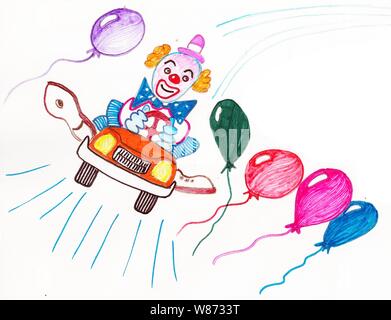 Marcatori colorati di un clown in un auto con palloncini colorati Foto Stock