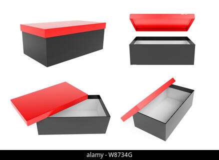 Rosso e nero scarpa box set. Aperto e Chiuso. 3D rendering illustrazione isolato Foto Stock