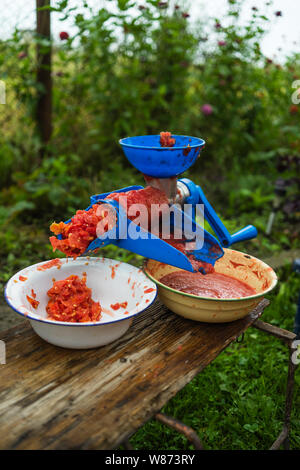 Foto di un manuale di pomodoro smerigliatrice. Pomodori freschi per la preparazione artigianale di salsa di pomodoro. Foto Stock