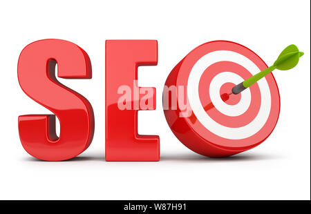 SEO iscrizione dart di colpire il bersaglio. Immagine 3d. Sfondo bianco. Foto Stock