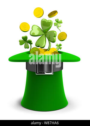 St Patricks hat con monete e trifoglio. Immagine 3d. Isolato sullo sfondo bianco. Foto Stock