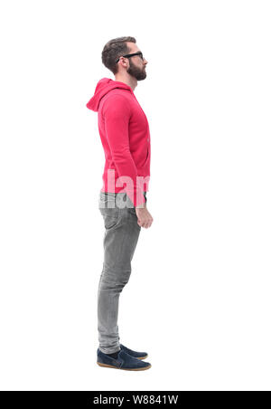 Vista laterale. moderno ed alla moda ragazzo in giacca rossa. Foto Stock