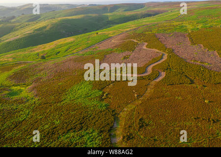 Drone riprese panoramiche colline con curva percorso attraverso brughiera nella calda luce del tramonto. Long Mynd nello Shropshire, Regno Unito Foto Stock