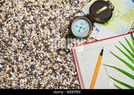 Tema turistico, spiaggia sabbiosa, pianta meridionale, notebook Foto Stock