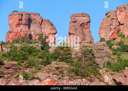 Magnifica rocce tra la foresta di sunrise. Belogradchik, Bulgaria. Foto Stock