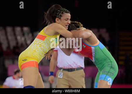 Lima, Perù. 08 Ago, 2019. Kamila ha Barboza dal Brasile e Mariana DIAZ dal Messico a Wrestlig 50Kg. Giochi Panamericani di Lima 2019. Lima. PE. Credito: Reinaldo Reginato/FotoArena/Alamy Live News Foto Stock