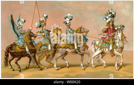Società di cavalieri in costume Turchi come in una giostra francese (torneo), guidato da Louis II, Prince de Conde, 1662, Francia. Litografia a colori Foto Stock