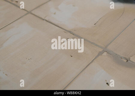 Mettere fugue su piastrelle sul pavimento nel corridoio. Sigillatura delle fughe di piastrelle ceramiche, close up Foto Stock