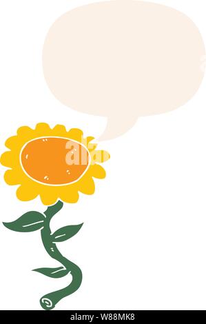 Cartoon girasole con discorso bolla in stile retrò Illustrazione Vettoriale