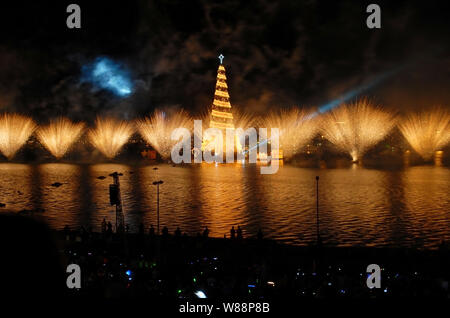 Fuochi d'artificio durante l inaugurazione dell albero di Natale della laguna nella città di Rio de Janeiro. Foto Stock
